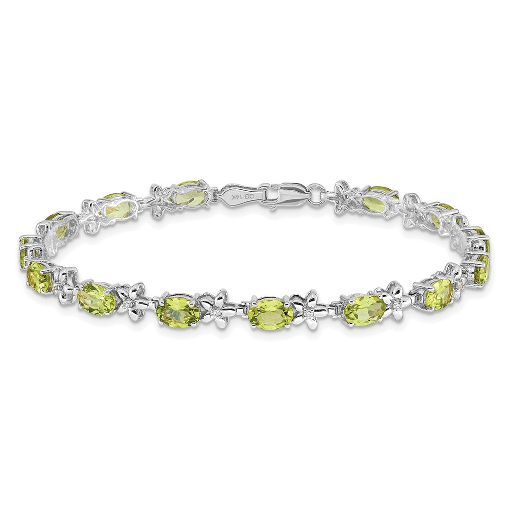 14K White Gold Complete Diamond and Oval Peridot Floral 7 Inch Bracelet