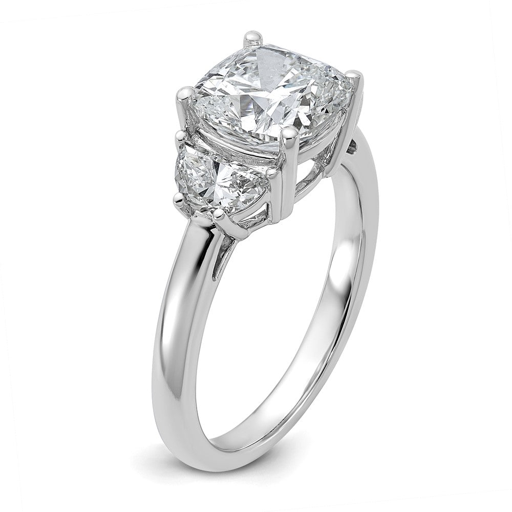 14K White Gold 3 1/8 carat Certified Lab Grown Diamond VS/SI+ G+ Complete Cushion and Half Moon Three Stone Engagement Ring