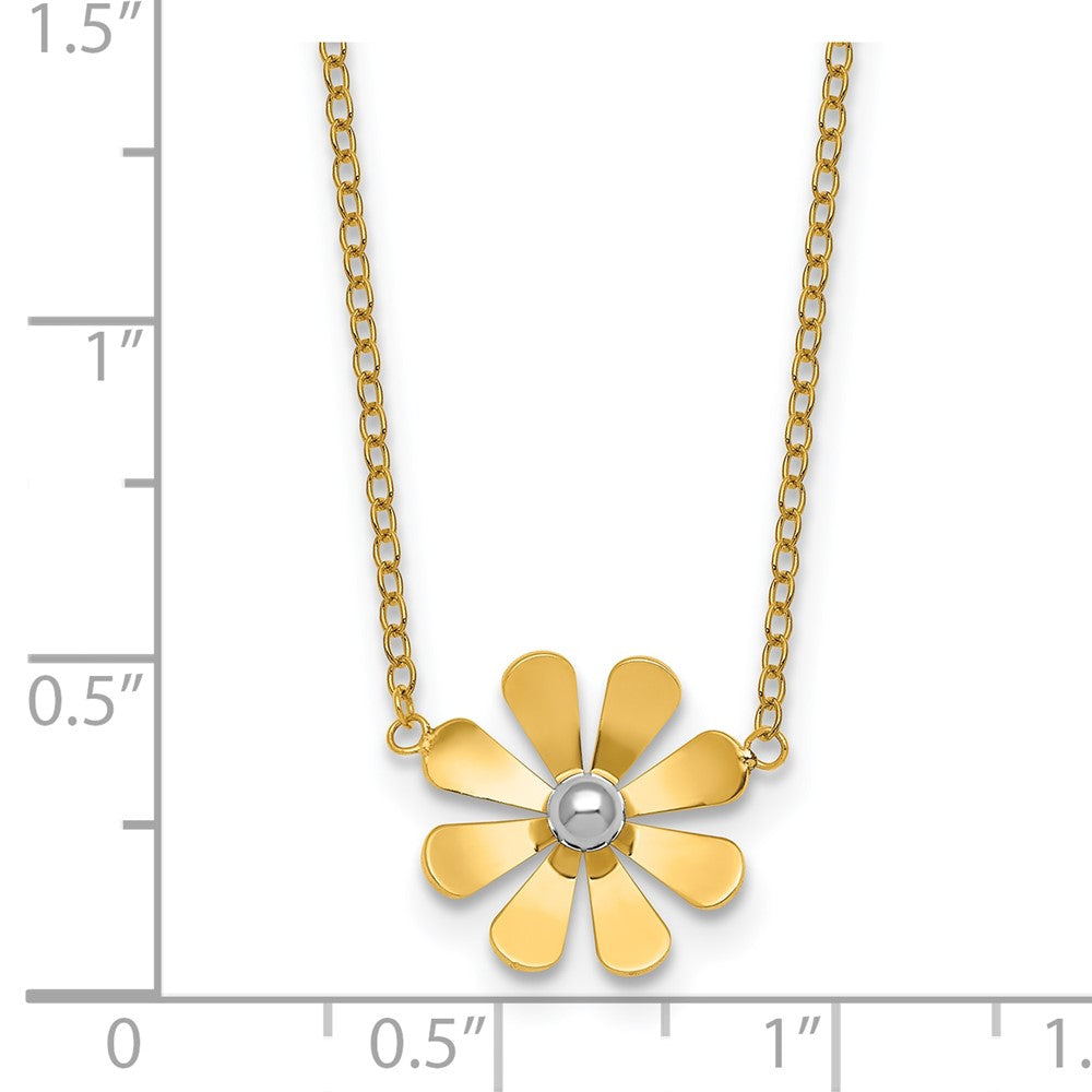 14K Yellow Gold Polished Daisy with Rhodium Center 16 Inch Necklace with 2 Inch Extender