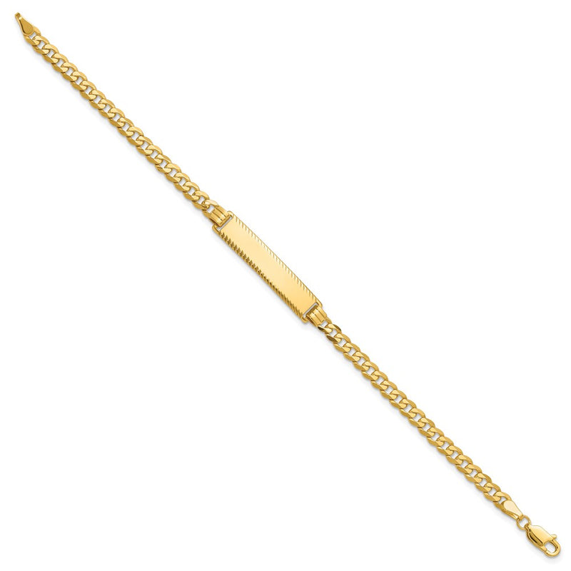 14K Yellow Gold Polished Solid Chain/Solid Plate Flat Curb Link Diamond-cut 29x6.5mm Plate 8 Inch ID Bracelet