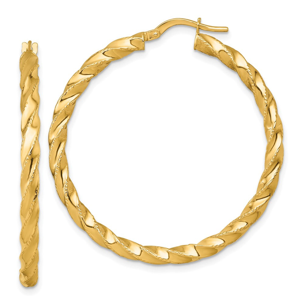 14K Yellow Gold Polished Diamond-cut Twisted 3.00 x 40mm Tube Hoop Earrings