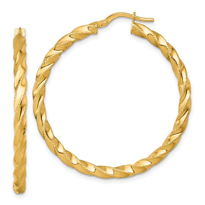 14K Yellow Gold Polished Diamond-cut Twisted 3.00 x 40mm Tube Hoop Earrings