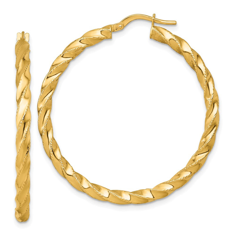 14K Yellow Gold Polished Diamond-cut Twisted 3.00 x 40mm Tube Hoop Earrings