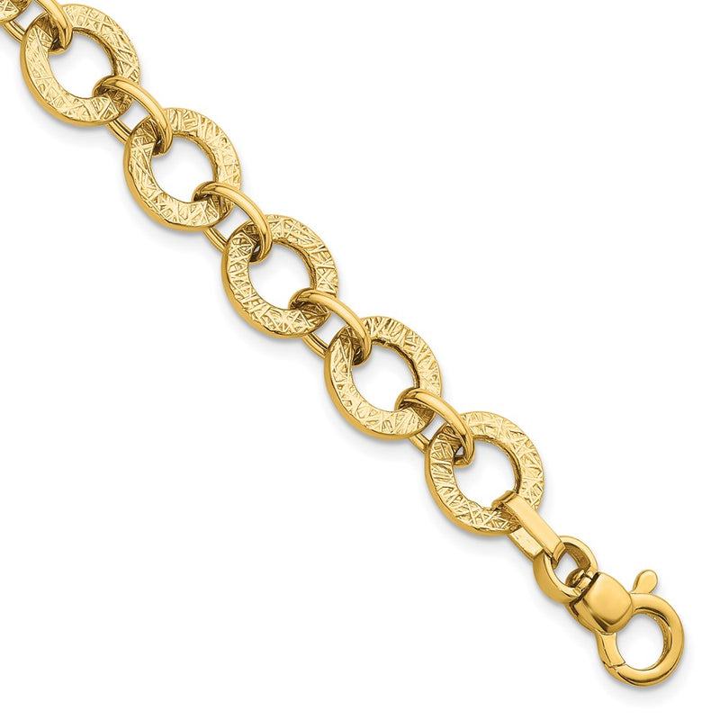 14K Yellow Gold Polished and Textured 12mm Fancy Round Link Chain Bracelet