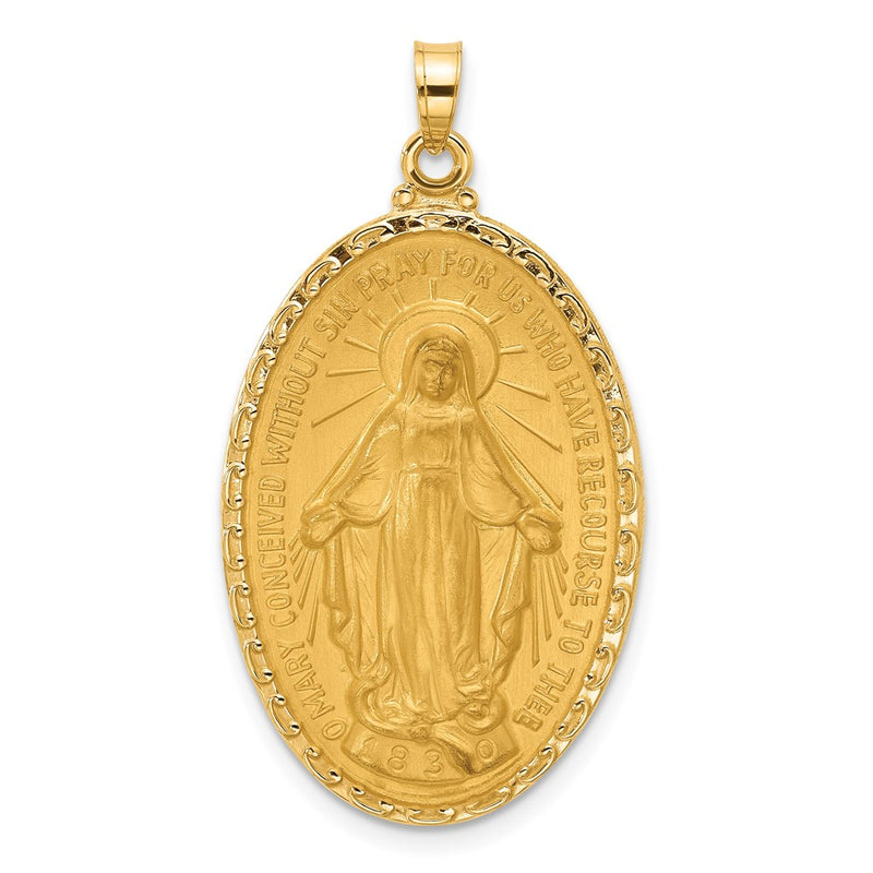 14K Yellow Gold Polished and Satin Solid Miraculous Medal Oval Pendant