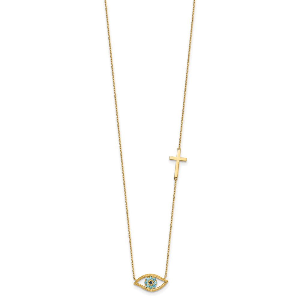 14K Yellow Gold Polished Blue CZ Evil Eye and Cross 18 Inch Necklace Plus 2 Inch Extender