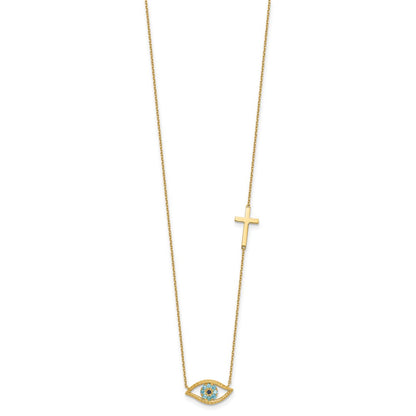 14K Yellow Gold Polished Blue CZ Evil Eye and Cross 18 Inch Necklace Plus 2 Inch Extender