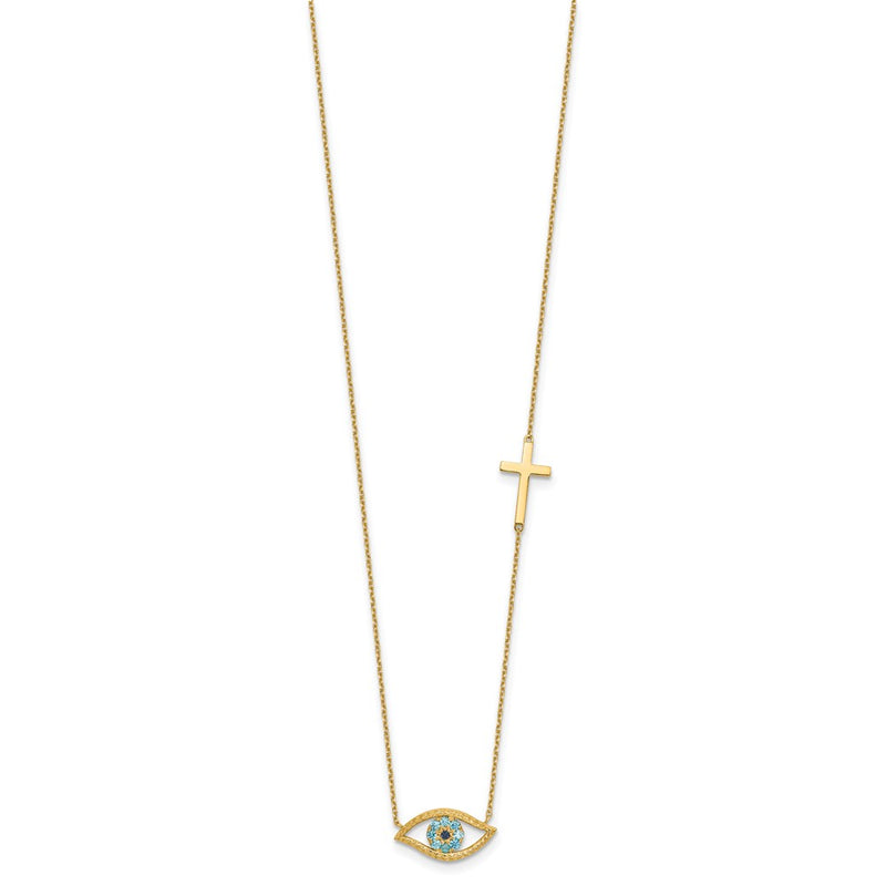 14K Yellow Gold Polished Blue CZ Evil Eye and Cross 18 Inch Necklace Plus 2 Inch Extender