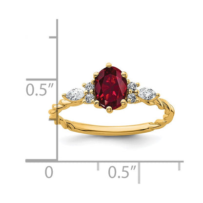 14K Yellow Gold Diamond and 7x5 Oval July/Lab Created Ruby Size 7 Twisted Ring