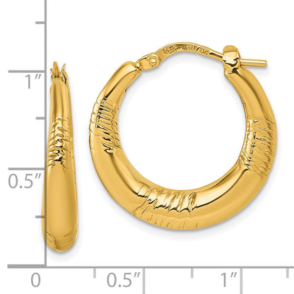 14K Yellow Gold Polished and Textured 4.6mm x 23mm Puffed Round Hoop Earrings