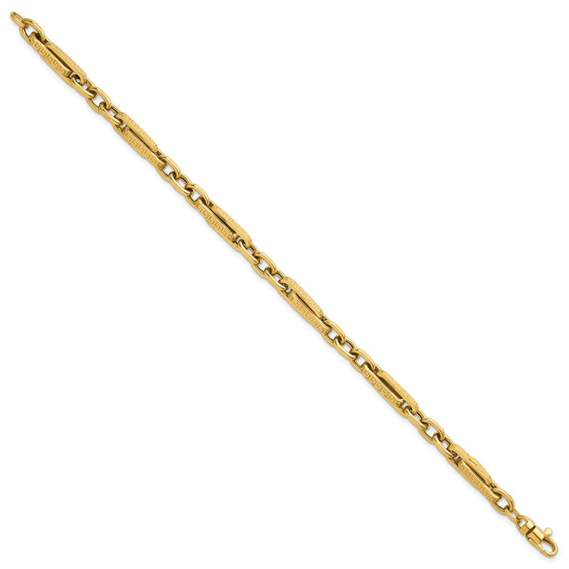 14K Yellow Gold Polished and Textured 4.8mm Greek Key Design Links 7.75 Inch Bracelet