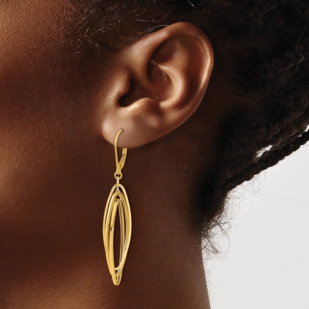 14K Yellow Gold Polished Twisted Ovals Dangle Leverback Earrings