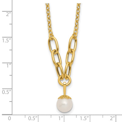 14K Yellow Gold Polished 8-9mm Near Round Freshwater Cultured Pearl Dangle 16.75 Inch Necklace