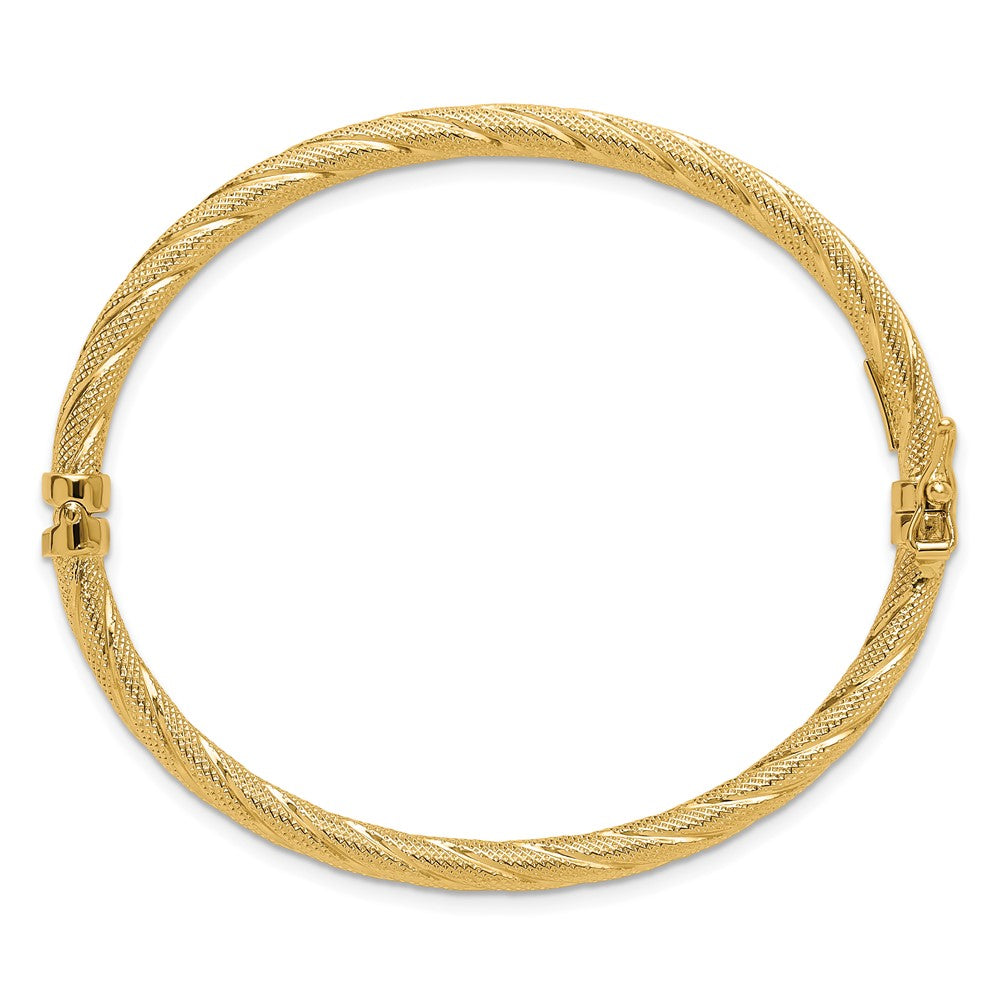10K Yellow Gold Polished and Textured Twisted Hinged Bangle