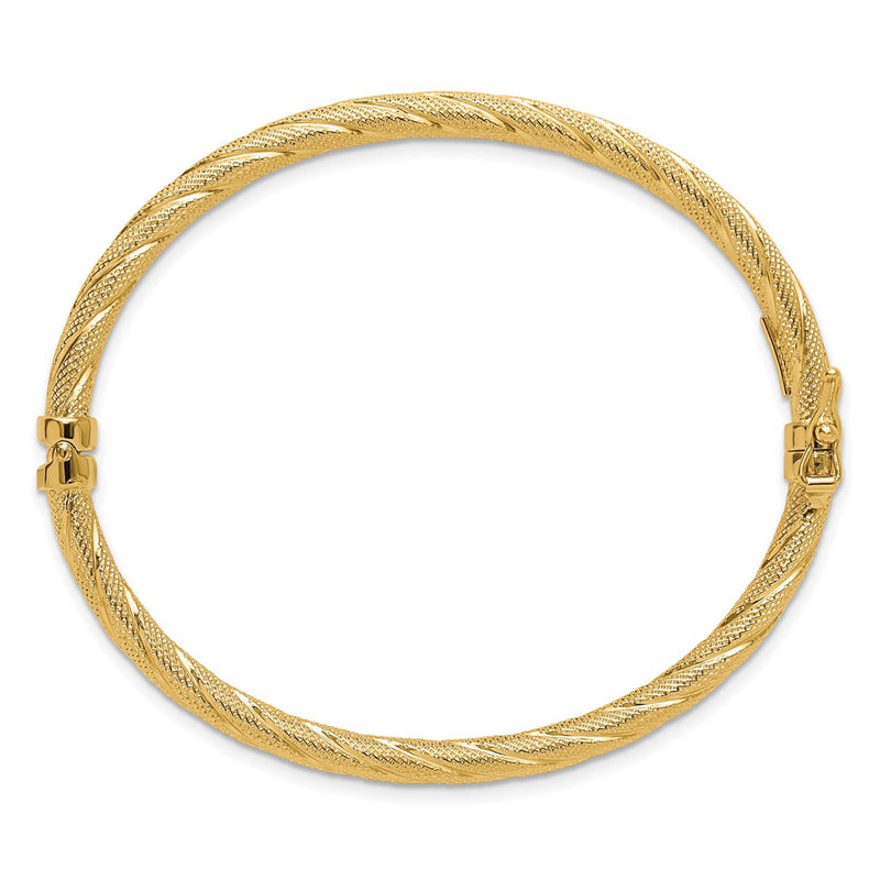10K Yellow Gold Polished and Textured Twisted Hinged Bangle