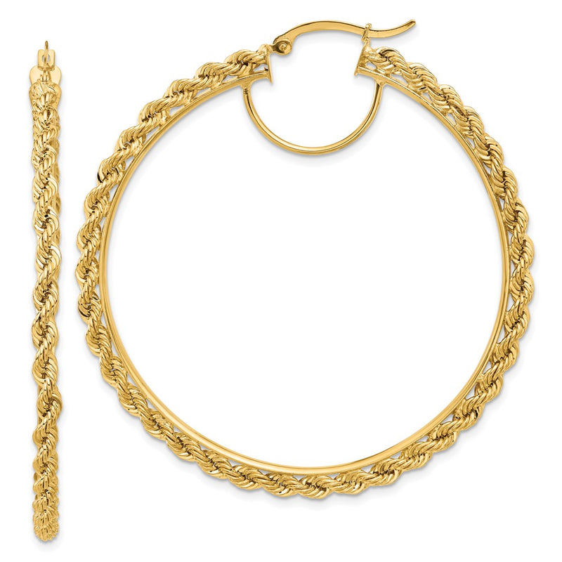 14K Yellow Gold Polished and D/C Rope 2.95mm Hoop Earrings