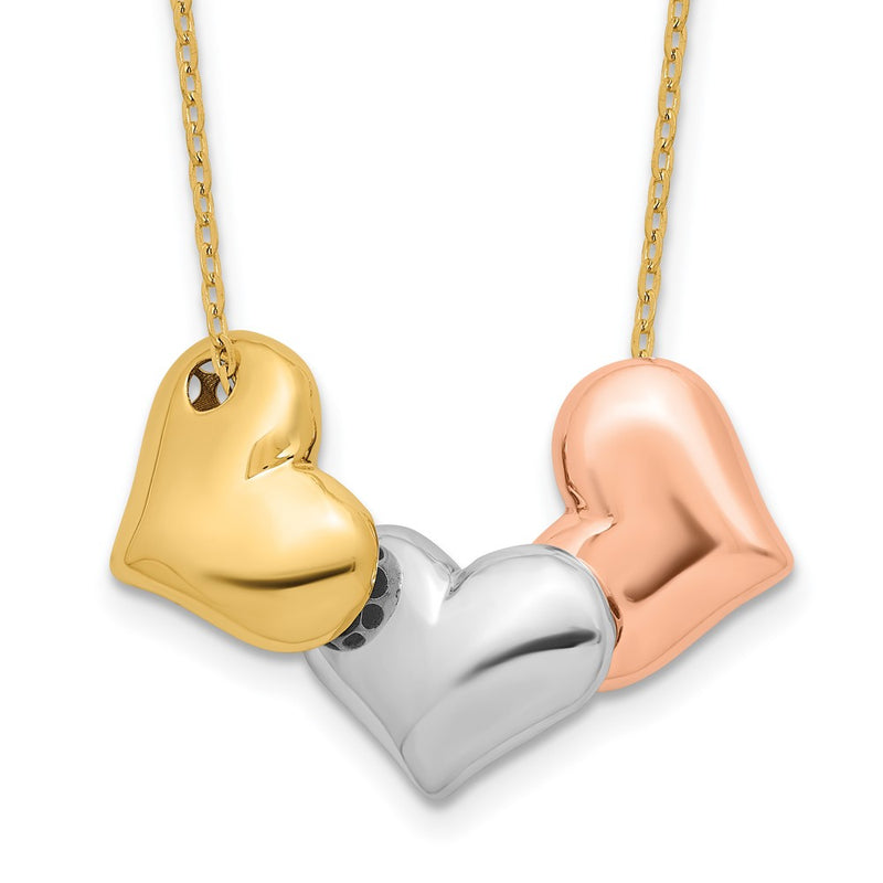 14K Tri-Color Gold Tri-color Polished Three Hearts 17 Inch Necklace Plus 1 Inch Extender