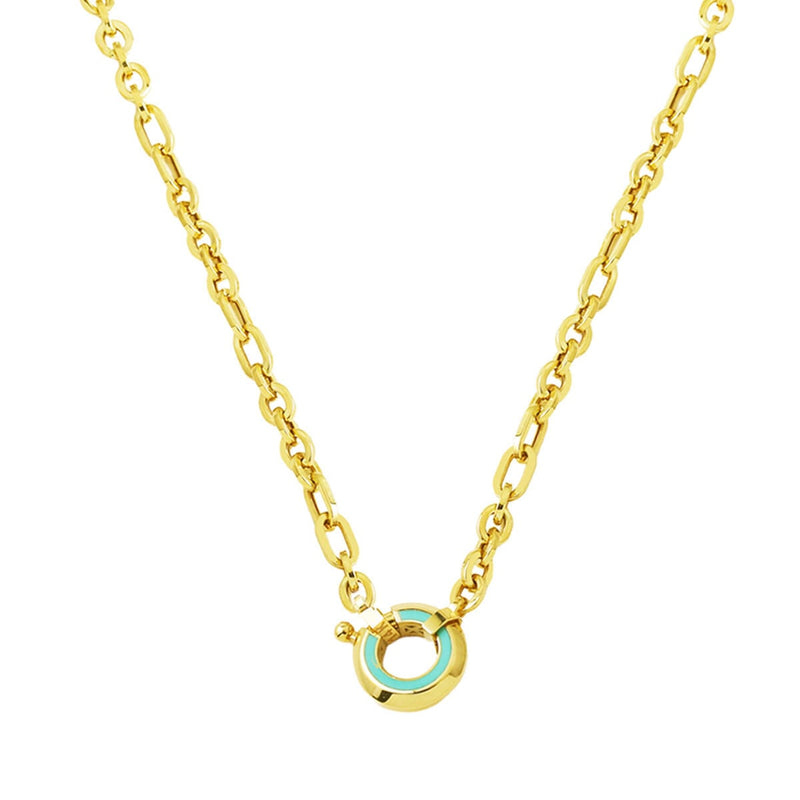 14K Yellow Gold Turquoise Enamel Hoop Chain Necklace