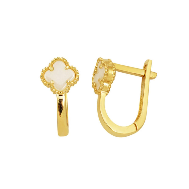 14K Yellow Gold Clover Mother of Pearl Cubic Zirconia Earrings