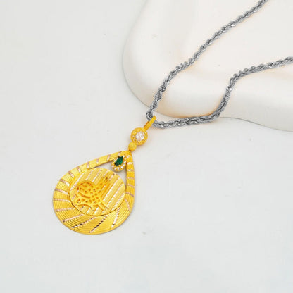 14K Yellow Gold Ottoman Tughra Teardrop Cubic Zirconia Pendant