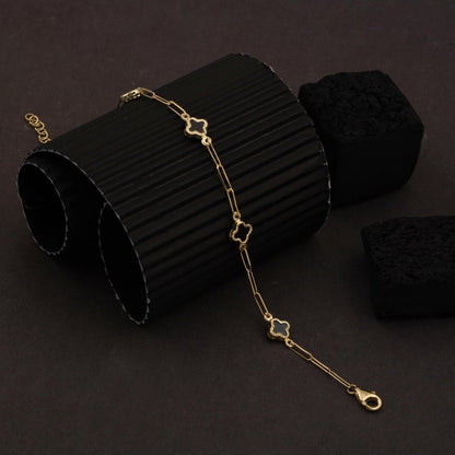 14K Yellow Gold Black Clover Paperclip Chain Onyx Bracelet