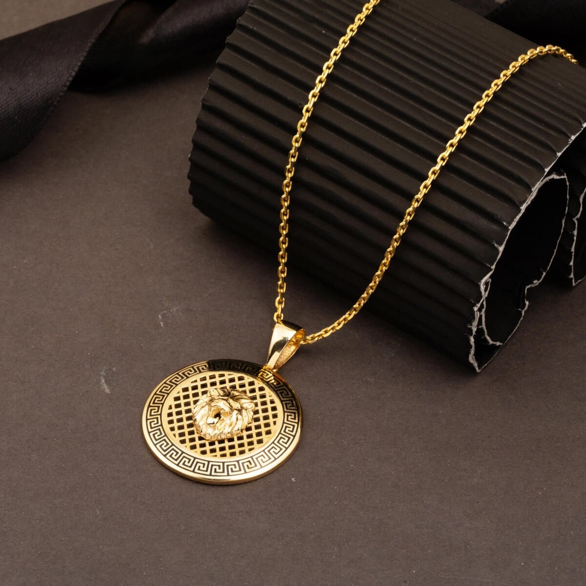 14K Yellow Gold Lion Medallion Enamel Necklace