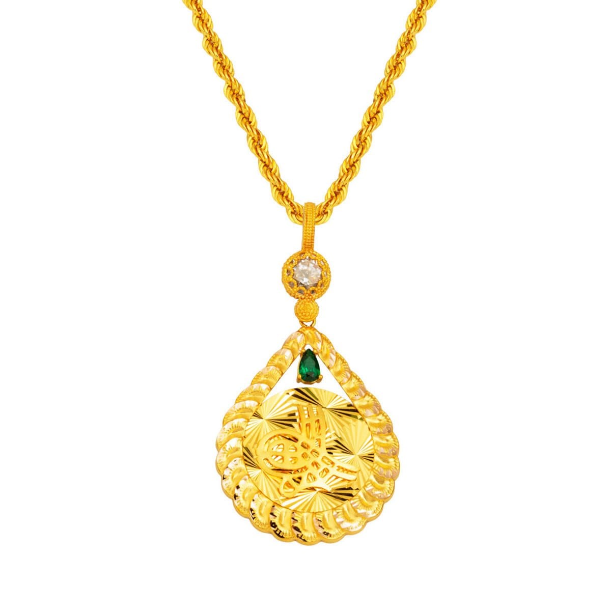 14K Yellow Gold Classic Ottoman Tughra Cubic Zirconia Necklace