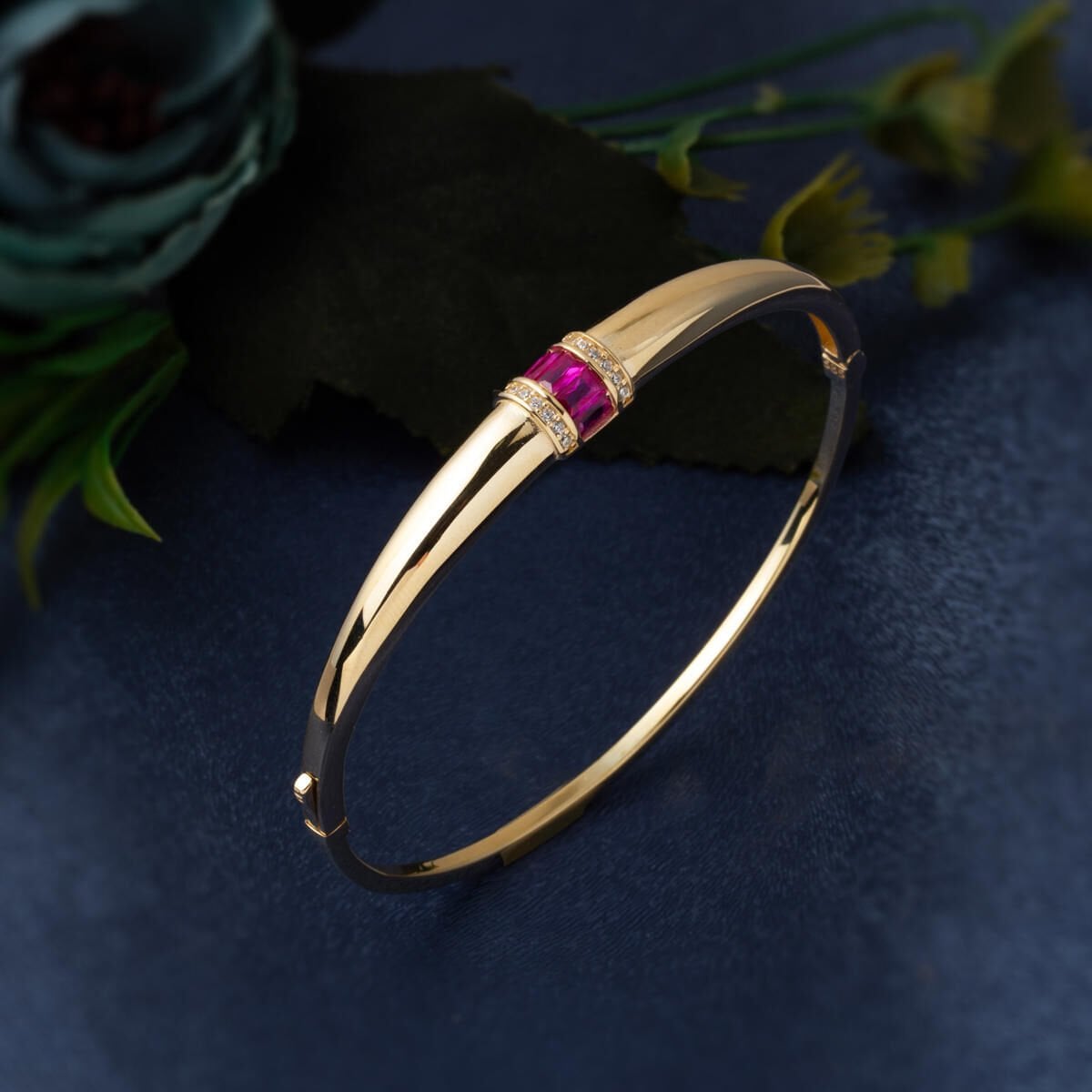 14K Pink Colored Gold Leaf Hinged Cuff Cubic Zirconia Bangle