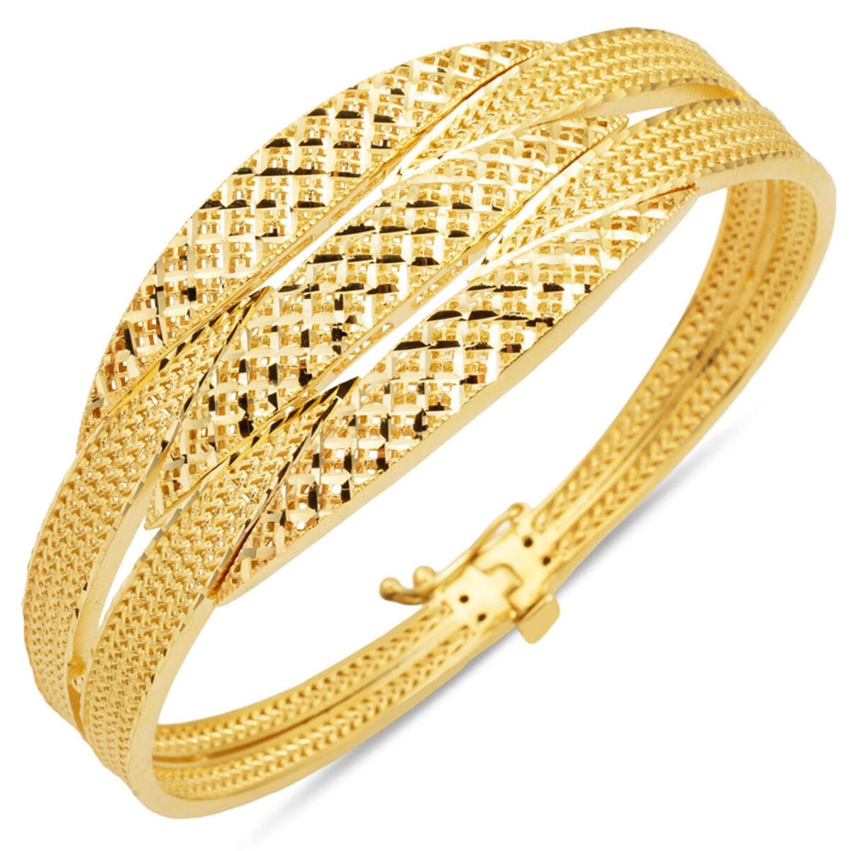 14K Yellow Gold Flower of Life Ribbed Hinged Cuff Bangle