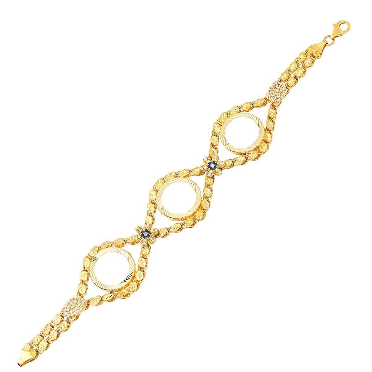 14K Yellow Gold 3 Quarter Coin Sequin Cubic Zirconia Bracelet