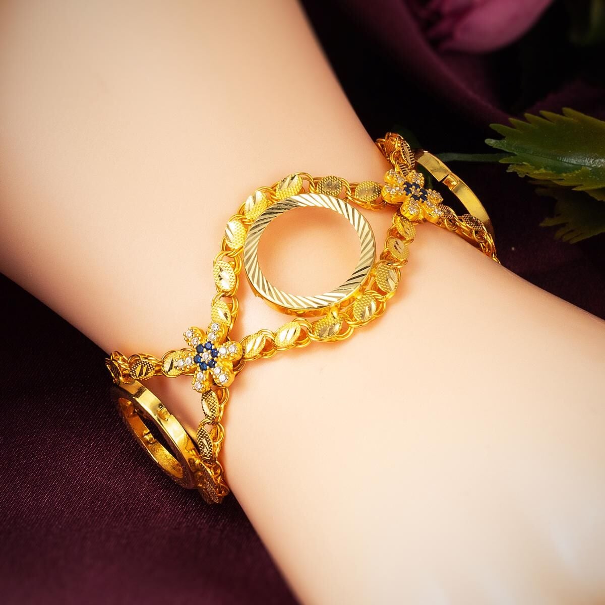 14K Yellow Gold 3 Quarter Coin Sequin Cubic Zirconia Bracelet