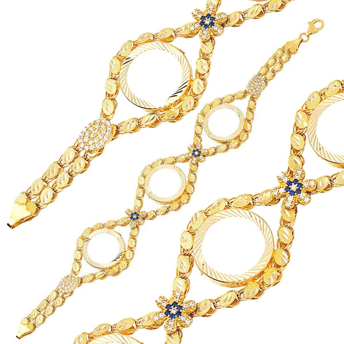 14K Yellow Gold 3 Quarter Coin Sequin Cubic Zirconia Bracelet