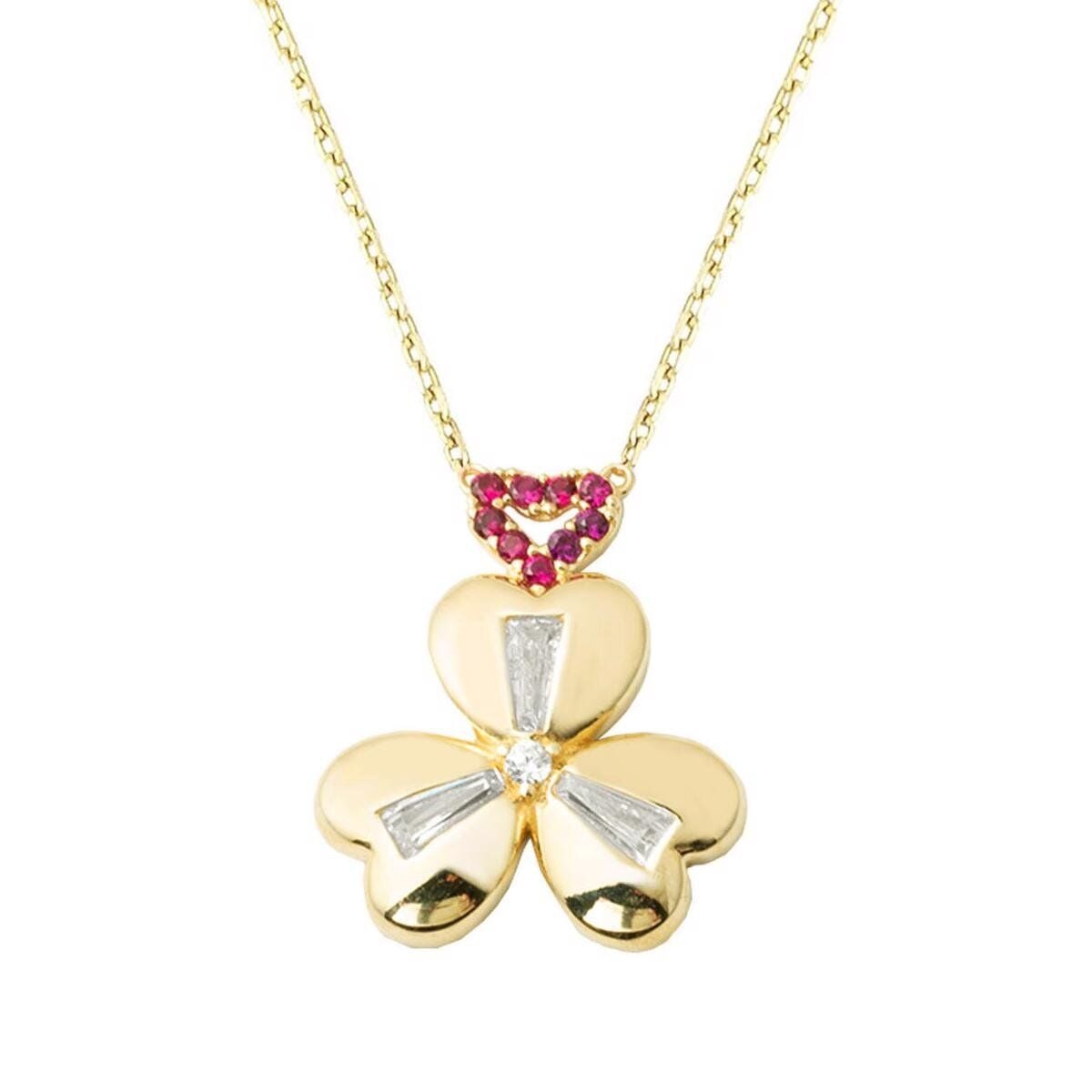 14K Yellow Gold Baguette Cubic Zirconia 3 Heart Clover Necklace