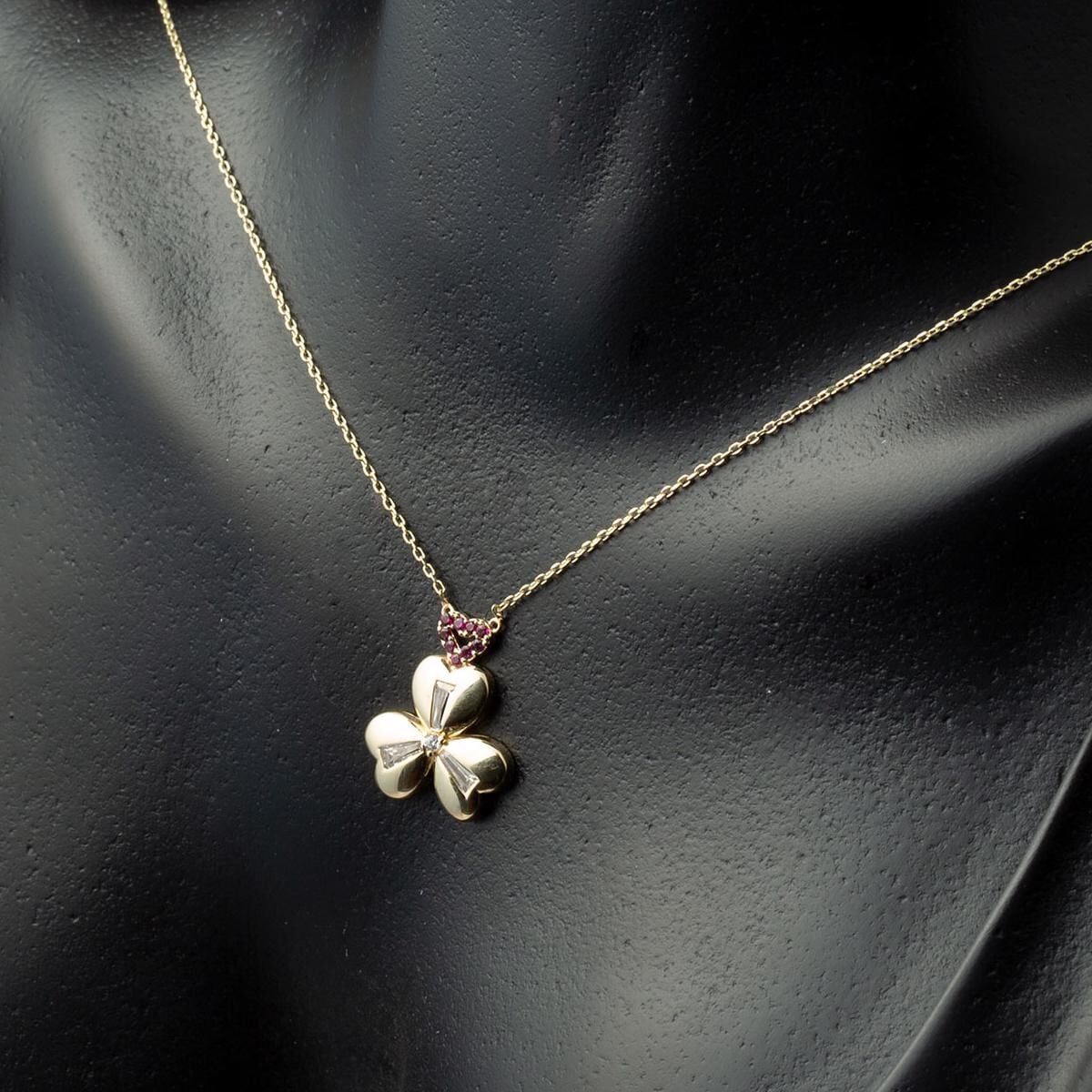 14K Yellow Gold Baguette Cubic Zirconia 3 Heart Clover Necklace