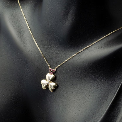 14K Yellow Gold Baguette Cubic Zirconia 3 Heart Clover Necklace