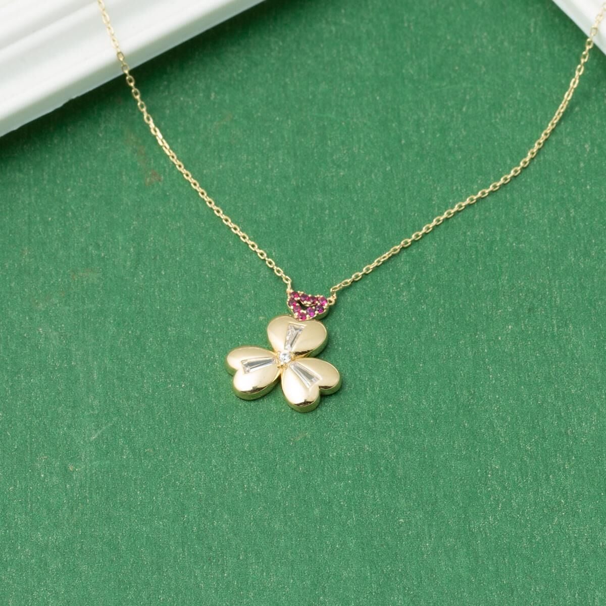 14K Yellow Gold Baguette Cubic Zirconia 3 Heart Clover Necklace
