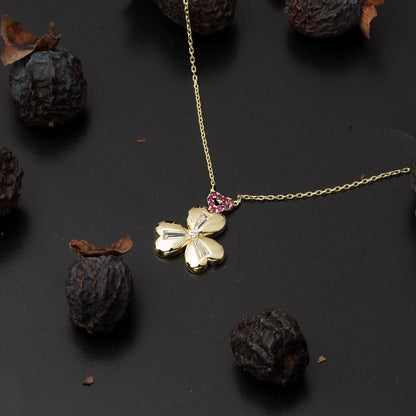 14K Yellow Gold Baguette Cubic Zirconia 3 Heart Clover Necklace