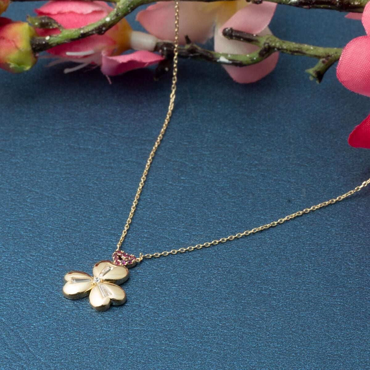 14K Yellow Gold Baguette Cubic Zirconia 3 Heart Clover Necklace