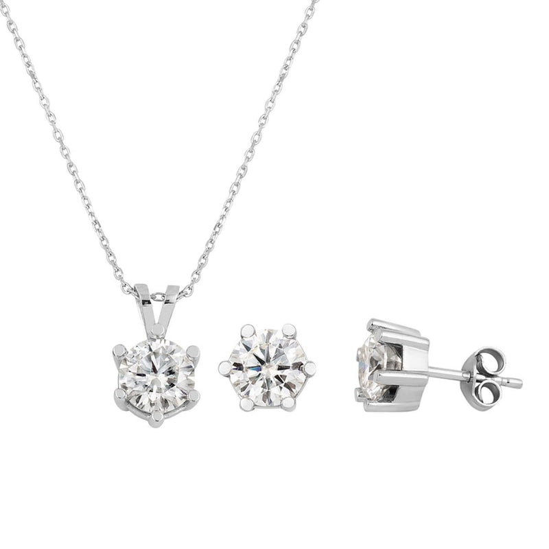 14K White Gold 3 Ct Six Prong Solitaire Moissanite Necklace Earrings Set