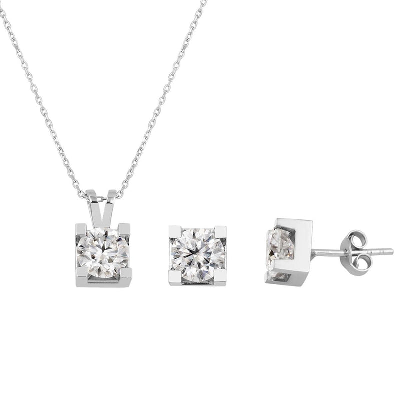 14K White Gold 3 Ct Solitaire Moissanite Necklace and Earrings Set