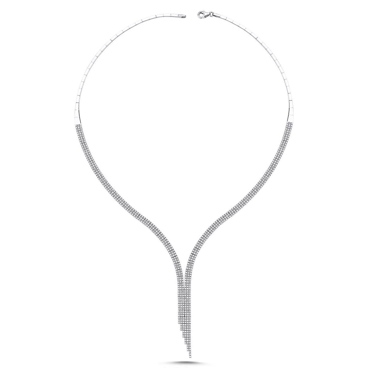 14K White Gold 3 Row Tennis Cubic Zirconia Collar Necklace