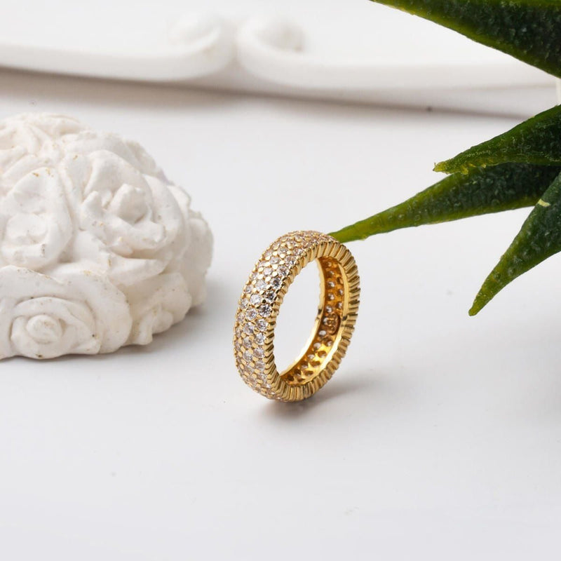 14K Yellow Gold 3 Row Full Eternity Cubic Zirconia Wedding Band Ring