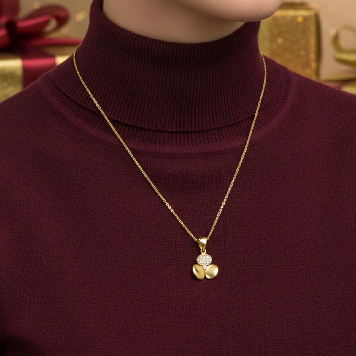 14K Yellow Gold Three Leaf Clover Cubic Zirconia Necklace