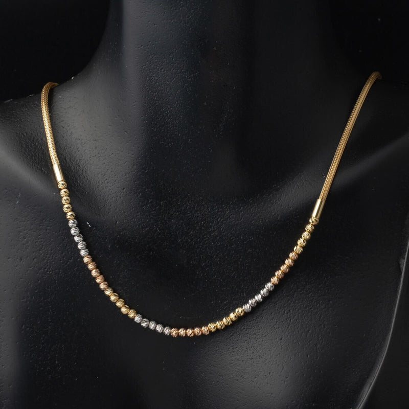 14K Yellow Gold Bead Woven Link Chain Cubic Zirconia Necklace