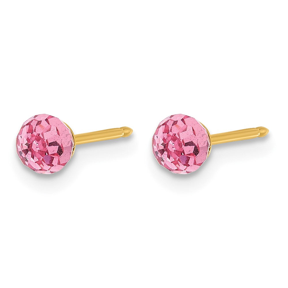 14K Yellow Gold Polished 4mm Pink Crystal Faceted Ball Earrings