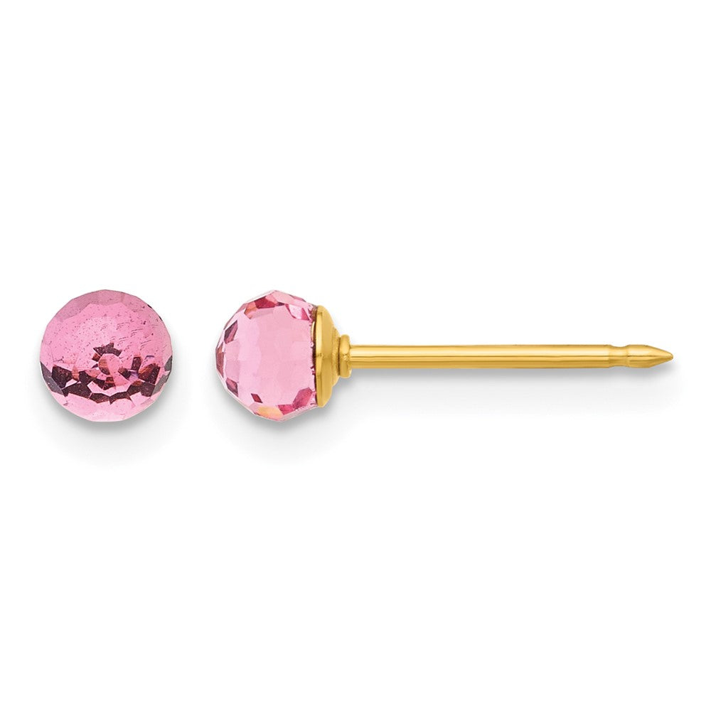 14K Yellow Gold Polished 4mm Pink Crystal Faceted Ball Earrings