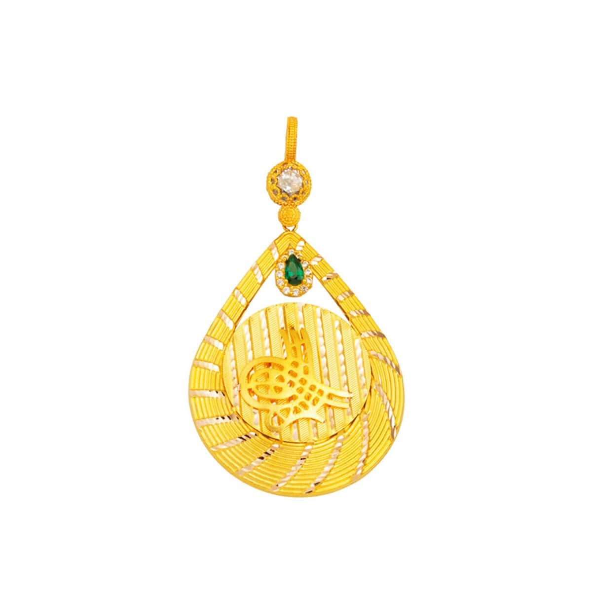 14K Yellow Gold Ottoman Tughra Teardrop Cubic Zirconia Pendant