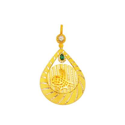 14K Yellow Gold Ottoman Tughra Teardrop Cubic Zirconia Pendant
