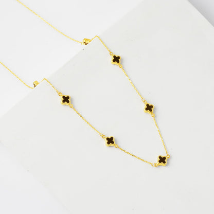 14K Yellow Gold Black Glass Clover Necklace