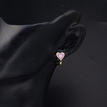 14K Yellow Gold Lilac Enamel Heart Children's Earrings